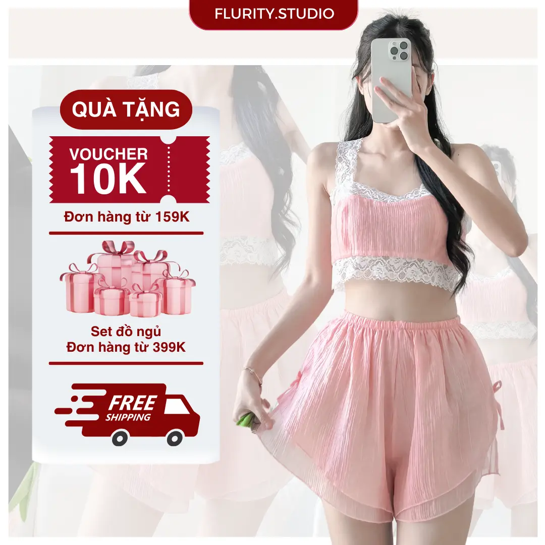 Set Thiết Kế Bộ Quần Áo 2 Lớp Áo Croptop Bản Dây Ren Mềm Quần Cộc Kèm Nơ Chất Voan Tơ Gân Hàn FLURITY - CAMELIA BN2BTG238