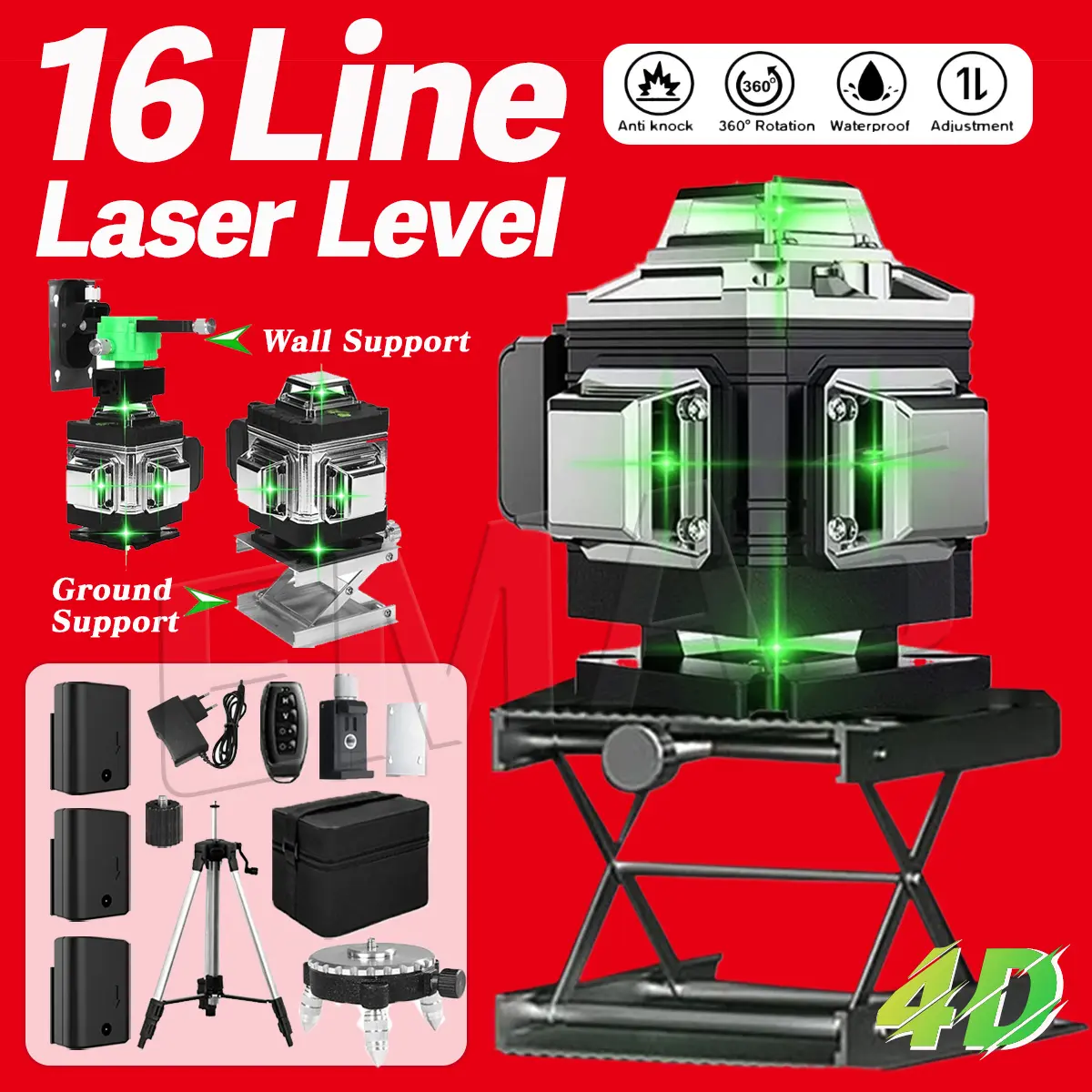 8/16 Line 4d Digital Meteran Laser Level Leveling Laser Level Bangunan Waterpass Laser Keramik Multifungsi Level Tingka Waterpas Laser Level 4 In 1 Alat Laser Tukang Laser Bangunan Canggih 360° Rotary Cross Auto Measuring Komplit Bonus 2 Baterai + Tripod