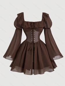 Vestido Vintage Gótico de Corte A para Mujer, Semi-Formal para Otoño, Diseño Adelgazante con Moño, Perfecto para Eventos de Halloween y Cosplay