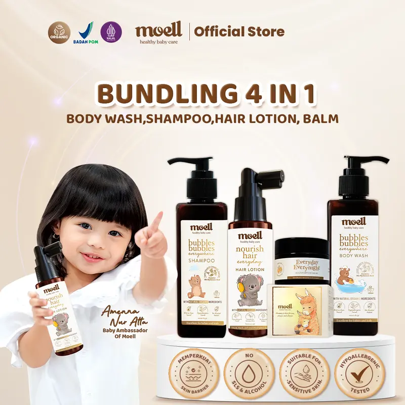Moell Paket Special Bundling 4 in 1 - Body Wash - Shampoo - Hair Lotion - Balm / Natural Organic 0