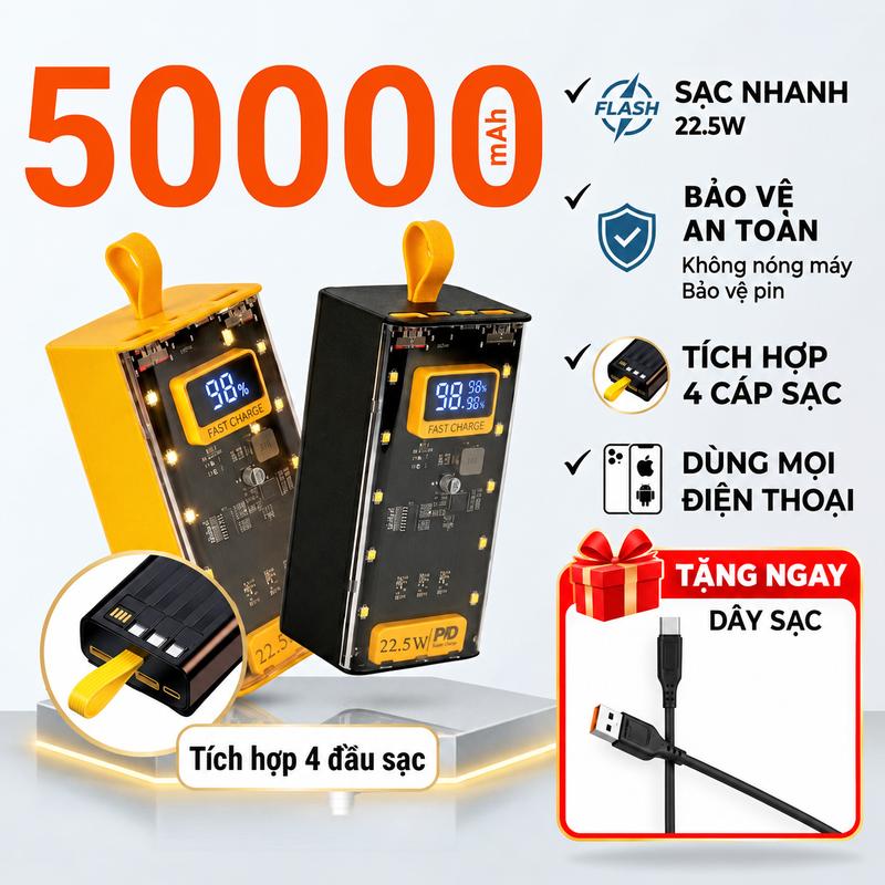 Sạc Dự Phòng 50000mAh 30000mAh Sạc Nhanh 22,5W Tích Hợp 4 Dây Sạc Pin Dự Phòng LED Hiển Thị Dung Lượng