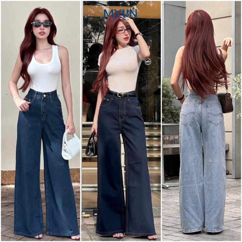  MYUN-Quần Jean Nữ Ống Rộng Loe 34CM Túi Thêu Basic  Lưng Cao Hack Dáng  Denim jeans Cotton 