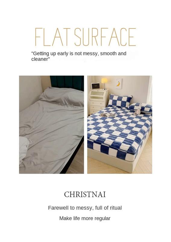 Product Introduction of Soft Warm Plush Mattress Protector Cover Winter Couple 2 People Black White Plaid Elastic Fitted Sheet Bed Protection Pad 8