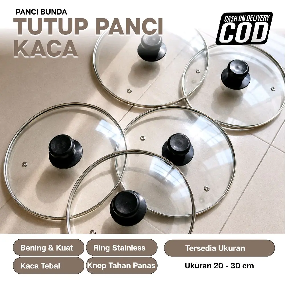 Tutup Panci Kaca Bening & Kuat Ring Stainless Kaca Tebal Knop Tahan Panas Ukuran 20-30 cm