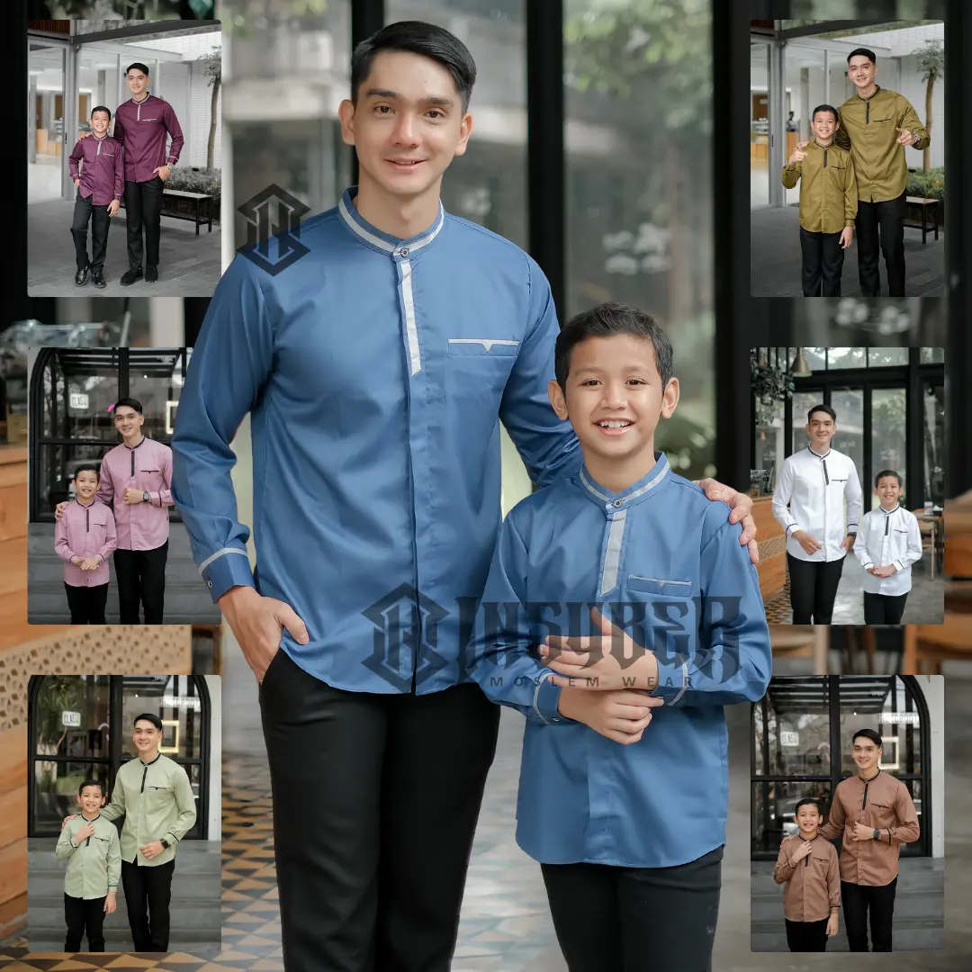 Baju Koko Couple Ayah Dan Anak Laki - Laki Lengan Panjang Bahan Toyobo Fodu Warna Denim Terbaru 2025