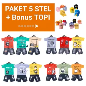 PAKET 5 STEL+BONUS TOPI CANTIK setelan anak cowok unisex / setelan anak laki / kaos anak cowok