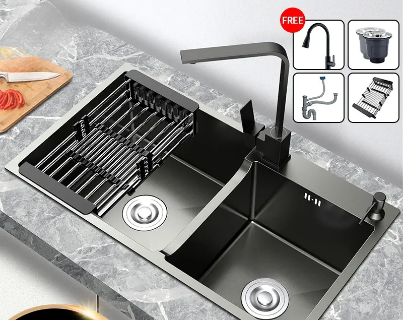 Set Lengkap Kitchen Sink Black 7843  Stainless Hitam 304  Dengan Keran yang Bisa Disesuaikan Baja Kran Wastafel