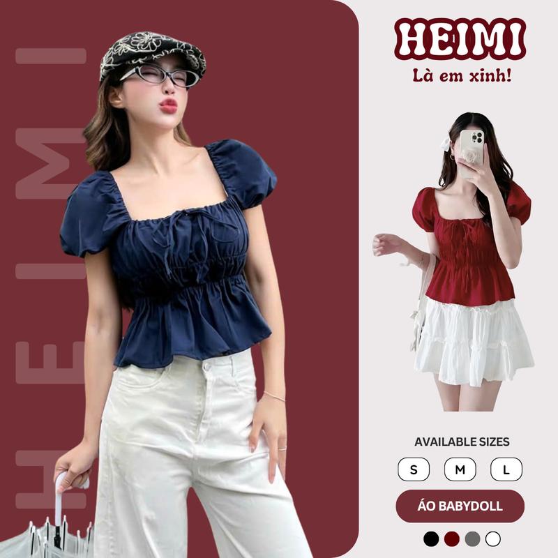   VẢI CAO CẤP PREMIUM  Áo Babydoll Linen Kiểu Xinh Tay Phồng Tiểu Thư Công Chúa Bo Thân Thắt Nơ Xinh Xắn HEIMI 