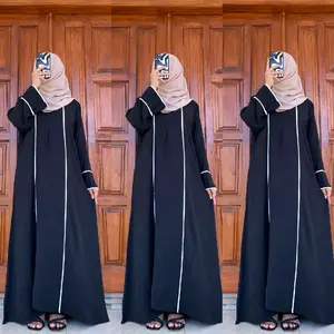 Abaya Hameeda | Abaya Remaja Dewasa | Abaya Lis Putih | Gamis Muslim Wanita Crinkle Airflow Hitam
