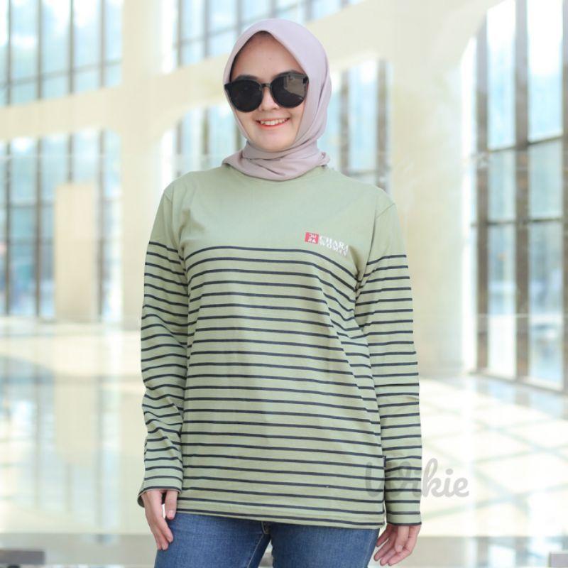 Terlaris Kaos Wanita Salur Lengan Panjang Atasan Wanita Hijab Salur Baju Belang Kaos stripe Wanita Kaos Ootd 6