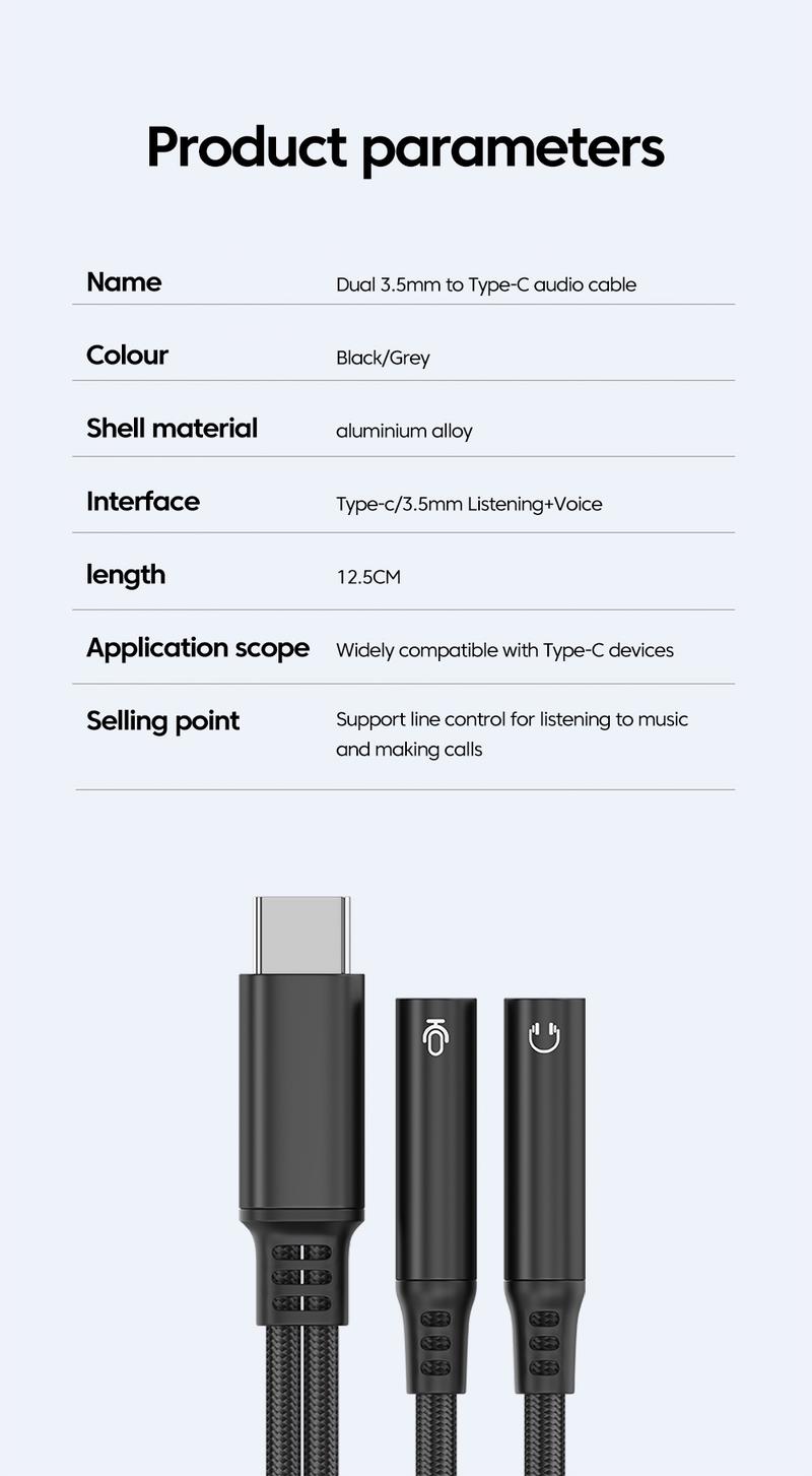 Product Introduction of อะแดปเตอร์ Type-C เป็น Dual 3.5 มม., 2 in 1, แจ็คอะแดปเตอร์เสียงหูฟัง, อินเทอร์เฟซการ์ดเสียง, เหมาะสำหรับ IPhone15, 16, Samsung, Xiaomi, Redmi, Pixel, Poco, Huawei 9