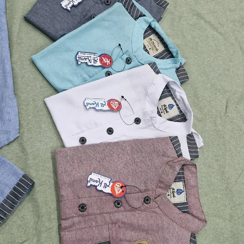 Setelan Kokokurta Anak Laki-Laki Bahan Katun Oxford dengan (Variasi Salur) Atasan Baju Muslim Lembut Celana Panjang Nyaman Kain Kombinasi Pendek 7