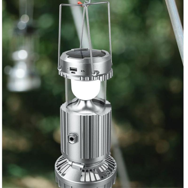 Đèn Tích Điện Năng Lượng Mặt Trời 3 in 1 - Đèn Pin Chiếu Sáng Tích Hợp Quạt Sạc Pin Điện Thoại