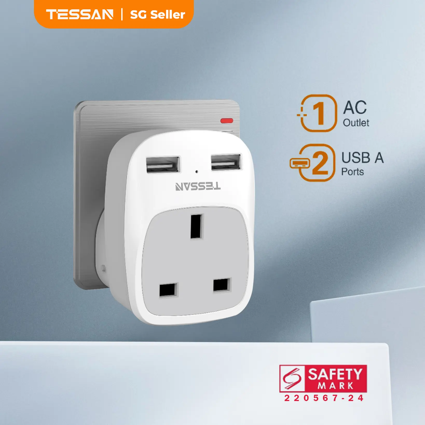 TESSAN  SG Safety Mark Wall Plug Extension Charger Adapter Multi Plug Charge With 2 USB Ports