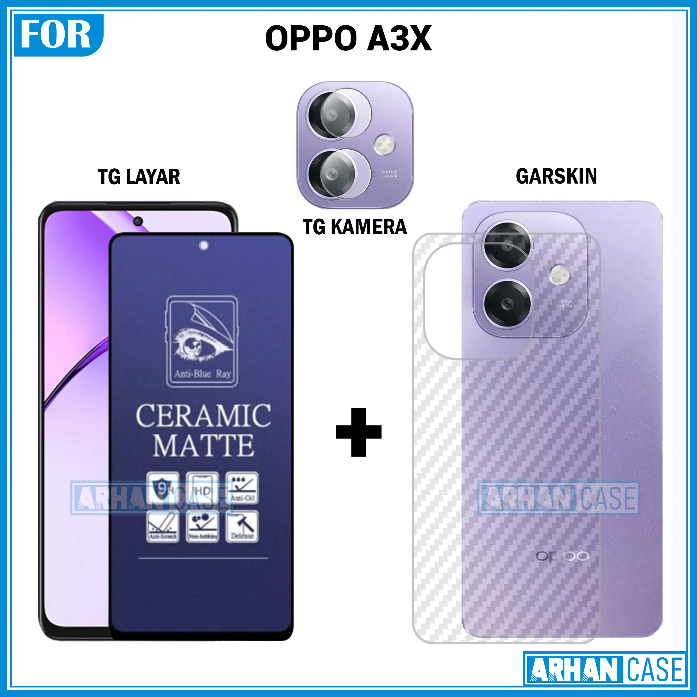 Paket Triple 3in1 Tempered Glass untuk Oppo A3 NFC A3x 5G A3 Pro 5G Garskin 3D Plus Pelindung Lensa Camera