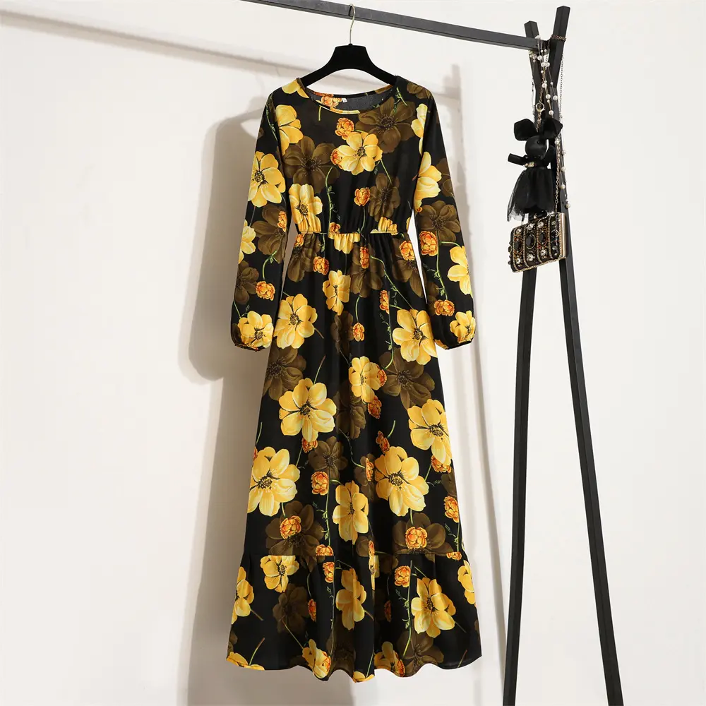 Spring and Autumn New Floral Chiffon Dress Gentle Temperament Long Sleeve round Neck Dress