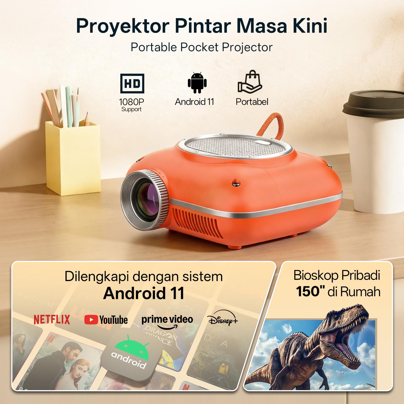 AVIEWLUX AERO Smart LCD Proyektor - proyektor dengan sistem android tv 11.0 - 400 ANSI -  1080P Decoding - WiFi 5 & Bluetooth -  Netflix & YouTube -  Mini Projector Portable-proyektor android 4k full hd bluetooth speaker