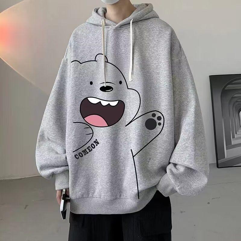  Áo Hoodie Dài Tay Lót Lông Cừu Cho Nam Áo Nỉ Ngoại Cỡ In Hình Gấu Phong Cách Nhật Bản Áo Len Có Mũ Chải Mỏng Màu Đen Trắng Và Xám Hợp Thời Trang Đường Phố Mùa Đông 
