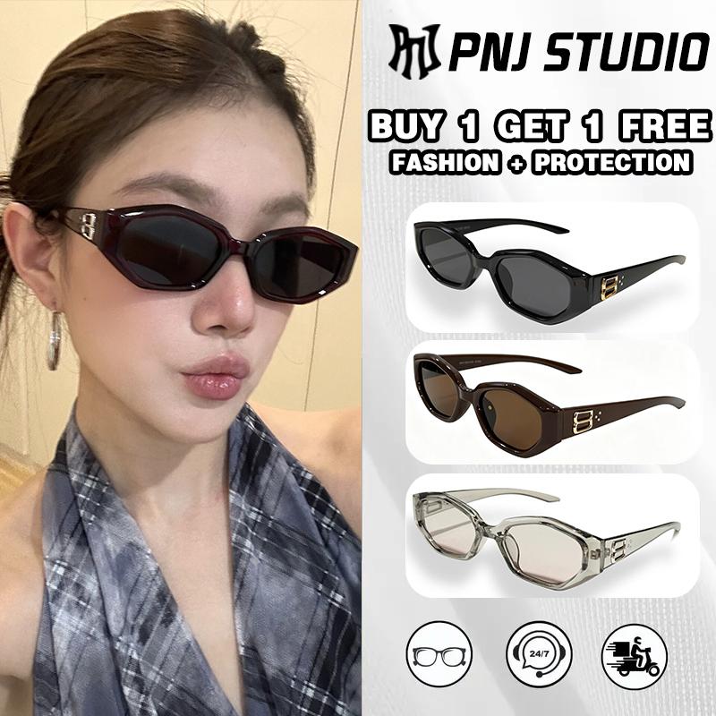 [Mua một tặng một] Kính râm đa giác bất đối xứng kiểu retro, kính thời trang đường phố cá tính, kính râm gọng nhỏ màu đen hình đa giác, kính râm thời thượng với viền vàng ở càng kính.