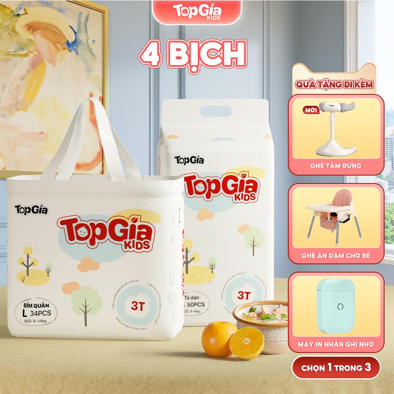 4 BỊCH (TẶNG QUÀ) Tã/Bỉm cho bé, bỉm TopGiaKids pH < 7 ngừa hăm, đai chun đệm mây mềm mại co dãn 4 chiều, thấm hút bề mặt khô thoáng size S đến XXXL cho bé từ 4-20kg kem (bỉm)