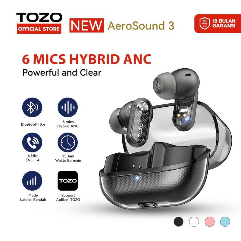 (New launch)Tozo AEROSOUND3 Smart 6 mics Hybrid ANC + AI 4 Mics ENC Clear Calls Wireless Earphone Bluetooth Tws Bluetooth 5.4  Headset IPX5 Deep Bass Stereo Sound 32 EQ Customization via App Crystal Case Design Low Latency Game Mode 1