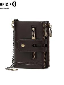 Cartera minimalista informal con cremallera lisa para hombre, cartera de cuero PU de moda con Diseño de cadena, cartera diaria de alta calidad versátil de moda informal