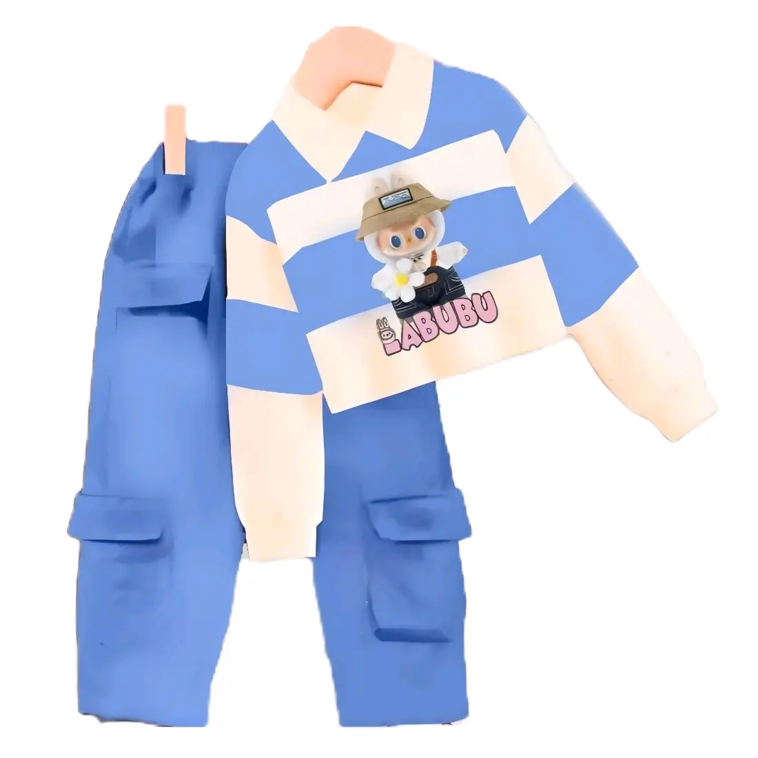 Setelan Baju Motif Labubu untuk Anak Usia 3-12 Tahun dengan Celana Cargo Fashion