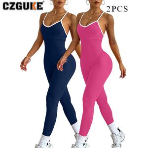 CZGUKE conjunto de yoga sin costuras para mujer con tirantes finos tipo espagueti, bralette acolchada y mallas de gimnasio casuales; disponible como mono de una pza o como conjunto de dos pzas