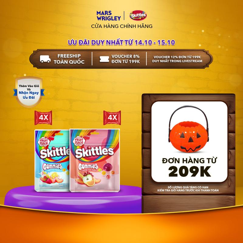 Combo 8 Gói kẹo dẻo Skittles Gummies mix vị - 4 gói vị trái cây và 4 gói vị sữa chua trái cây