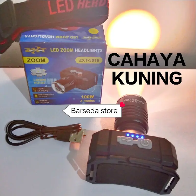 Senter Kepala Zoom Led 100 WATT ZXT-3018 Headlamp 3 Mode Cahaya KUNING Super Terang Cocok Pakai Camping Berkemah 4