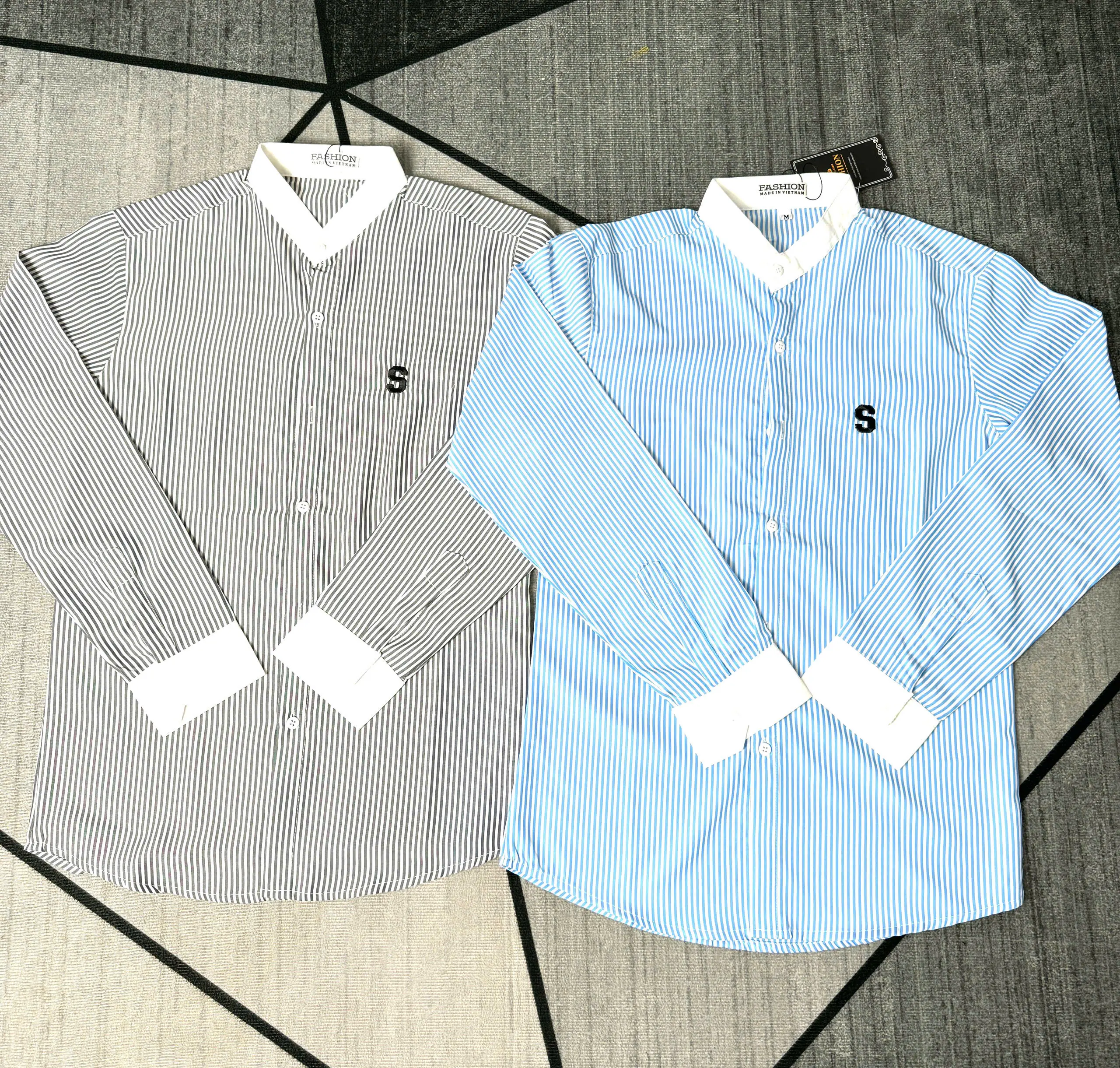 Áo sơ mi nam, nữ dài tay cổ tàu vải lụa họa tiết thêu màu sọc đen, xanh - MENSWEAR STORE