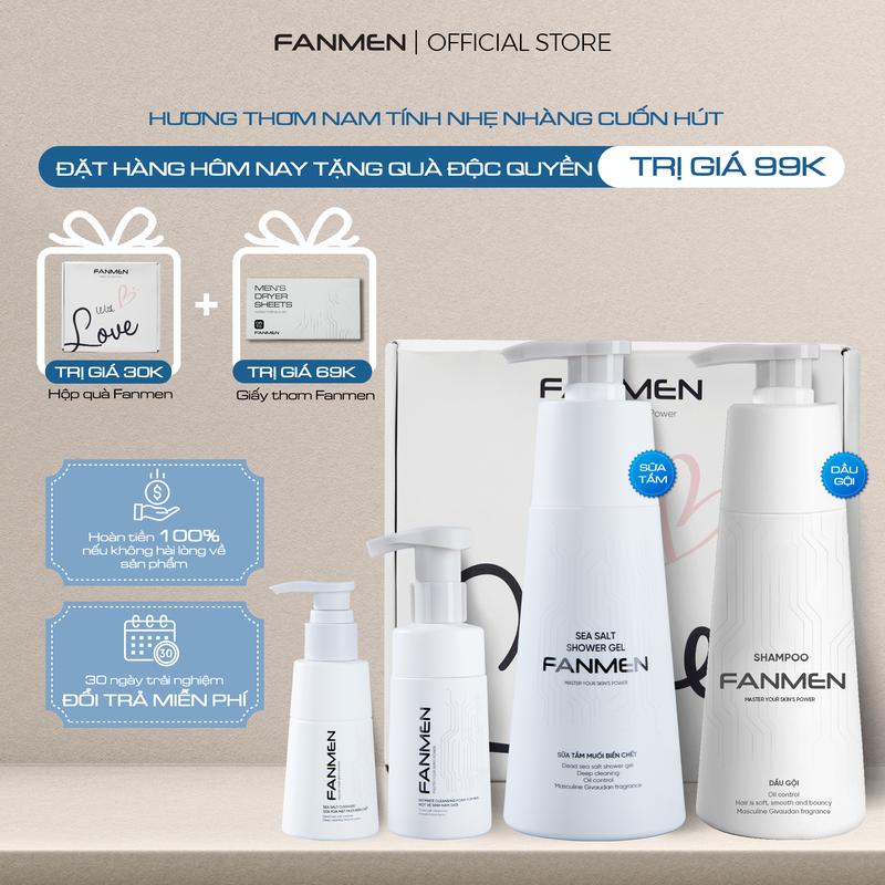 [ Combo Tự Tin ] Dầu gội sạch gàu dưỡng tóc Fanmen 350ml, Sữa rửa mặt muối biển chết sạch sâu, kiềm dầu,Sữa tắm hương thơm Blue Sea nam tính 350ml và Bọt vệ sinh nam diệt khuẩn khử mùi 100ml hương thơm nam tính | | Tặng Kèm Hộp Đựng WLv Quà 0Đ