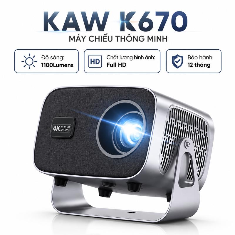 Máy chiếu mini KAW K670 chất lượng hình ảnh 4K, Máy chiếu Xem Phim độ sáng lớn, độ phân giải 4K 2160P, kết nối điện thoại, laptop,... Projector - Bảo Hành 12 Tháng