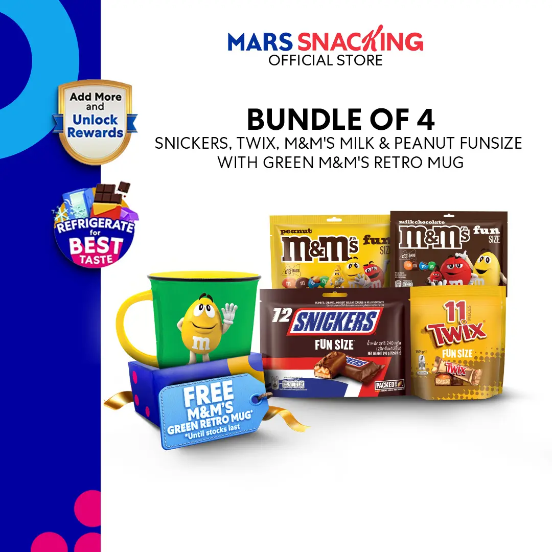 SNICKERS, TWIX, M&M's Milk & Peanut Funsize [Bundle of 4] with Green M&M's Retro Mug 