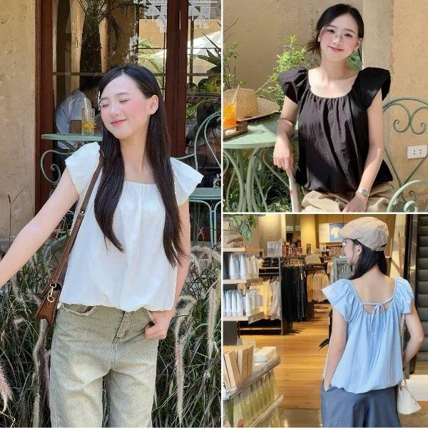  Áo kiểu nữ cổ rộng tay bồng ngắn nàng thơ bánh bèo A70 SUTANO 
