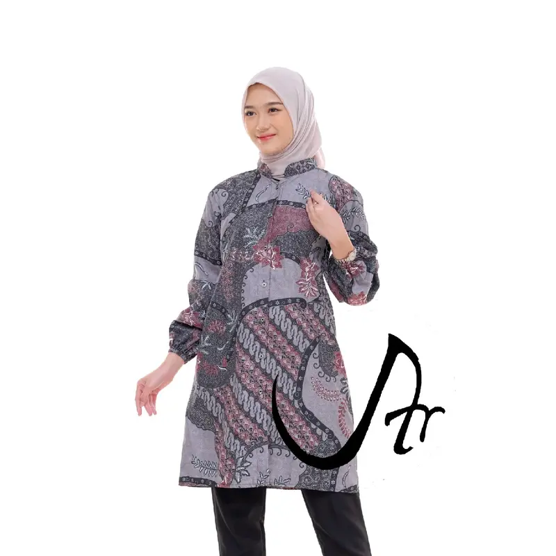 Baju Batik Wanita  Atasan Tunik Modern Lengan Balon Karet Kancing Depan Full Kerah Shanghai 4