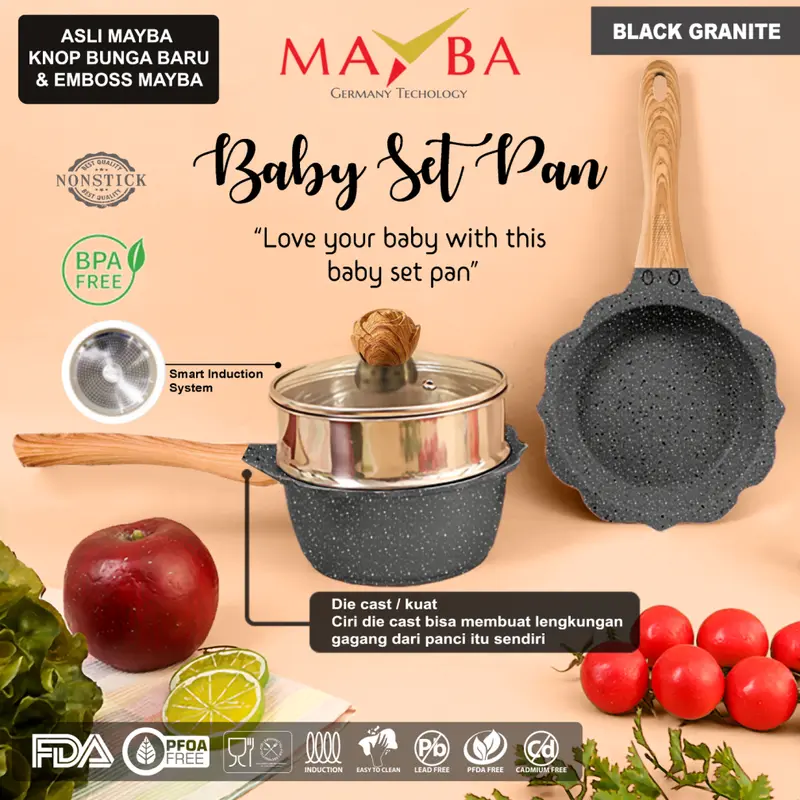 PANCI SET MAYBA BABY PAN 4 pcs Perlengkapan bayi Kids | Peralatan Wajan masak anak diatas bolde | Cream Frying Milk pan steamer lavender merah Pink Black 0