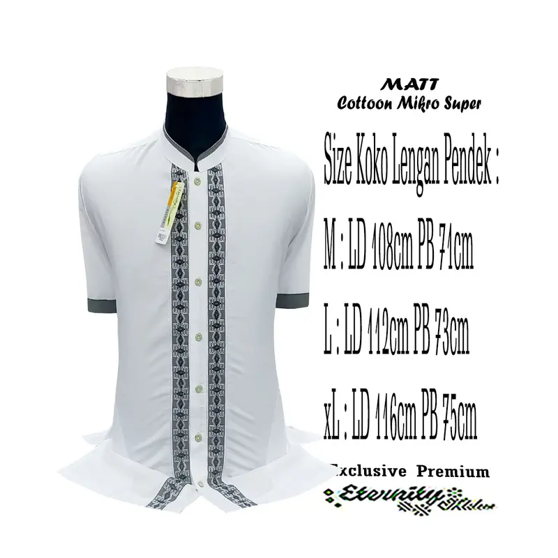 Eternity Moslem Baju Koko Pria Bordir Lengan Pendek Putih Katun Muslim Dewasa Kombinasi Baju Koko 4