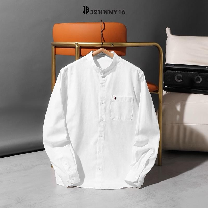 Áo sơ mi cổ tàu phối túi vải cotton thanh lịch lịch lãm - J16