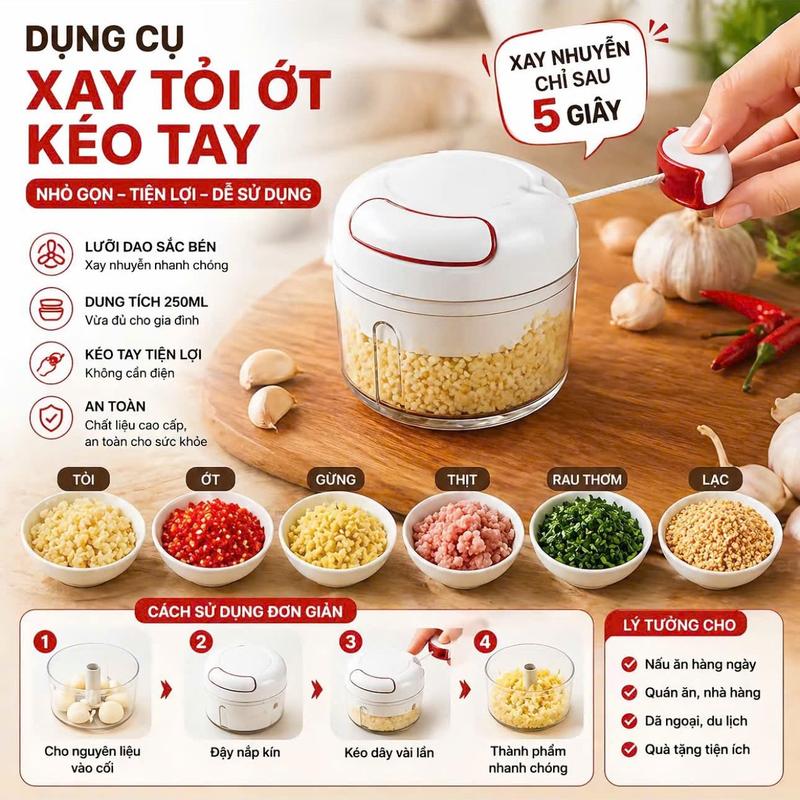 COMBO 2 Dụng cụ xay tỏi ớt cầm tay, máy xay thực phẩm mini kéo tay tiện lợi PHH