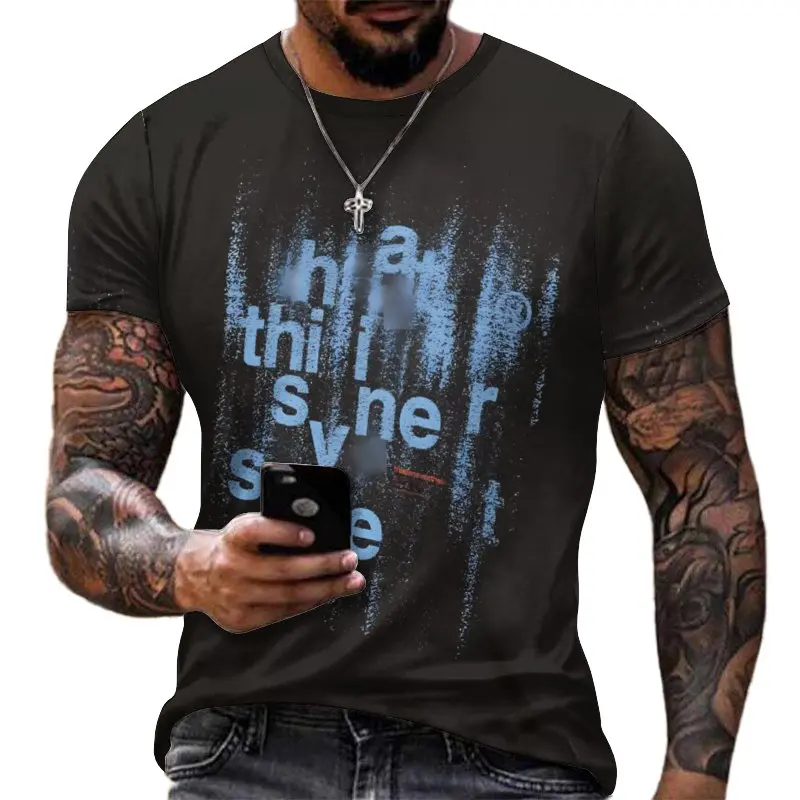 Men's casual sports brand black and blue letter 3D printed round neck short sleeved T-shirt