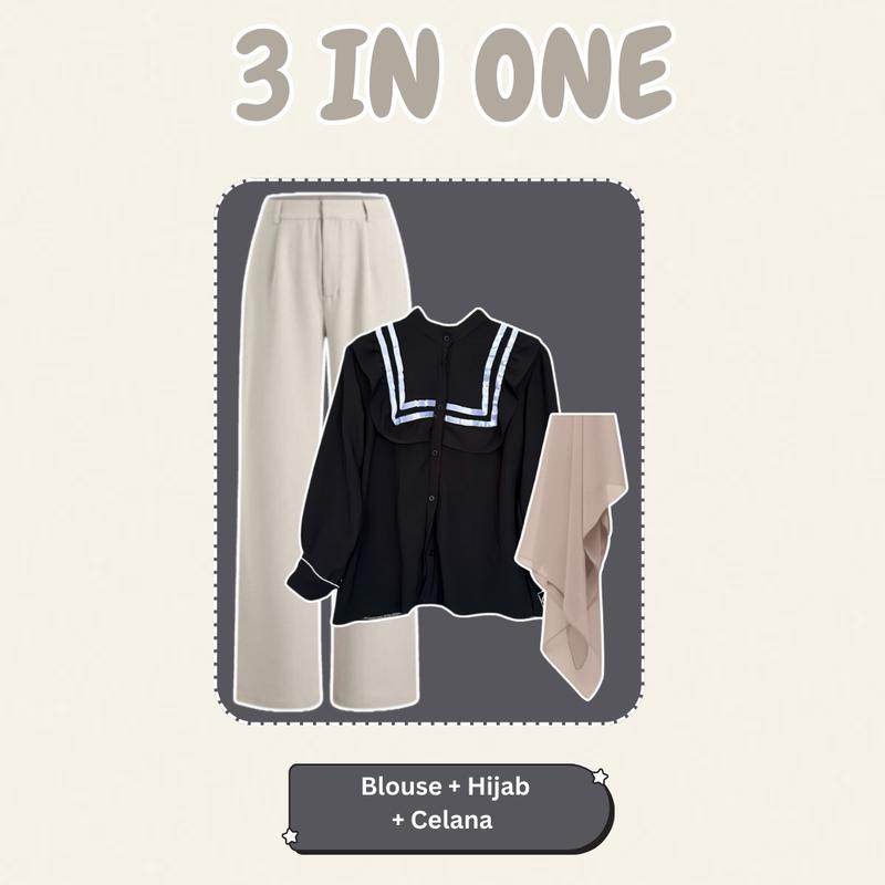 OOTD Oneset Outfit Healing (Blouse Nonny Hijab Bella Square Ikat Pinggang Celana Jennie Knit) DSD159 Setelan Wanita 3