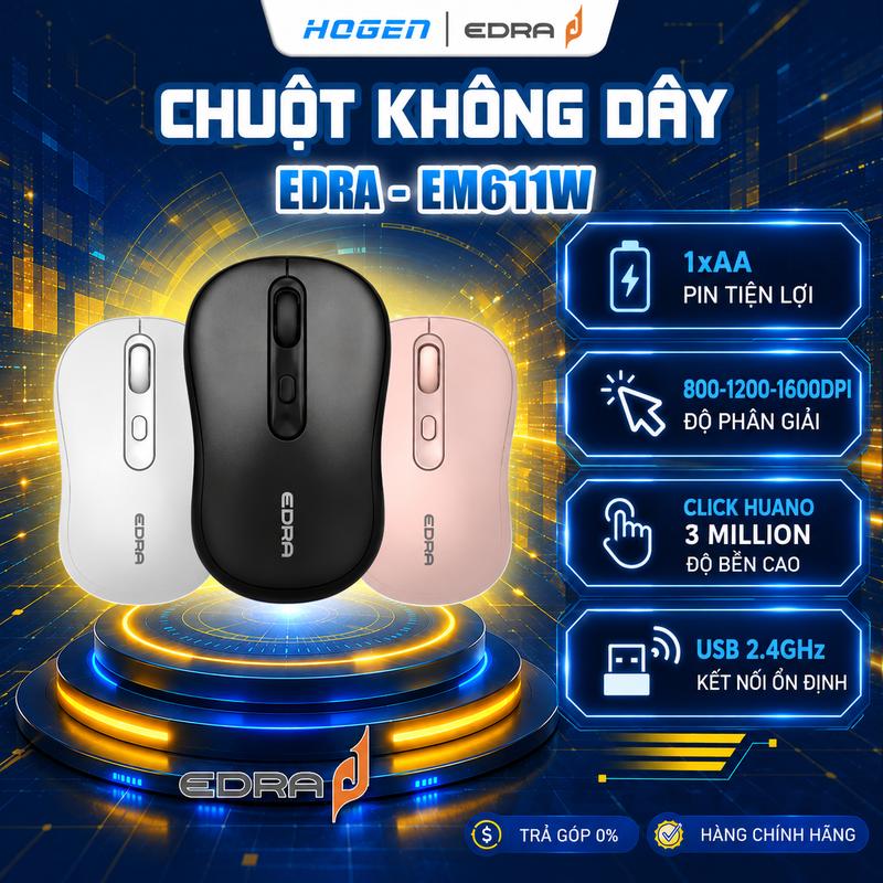 CHUỘT VĂN PHÒNG KHÔNG DÂY EDRA EM611W 2.4 GHz, HUANO 3M BỀN BỈ, 3 MỨC 800/1200/1600 ĐIỀU CHỈNH LINH HOẠT, SIÊU NHẸ