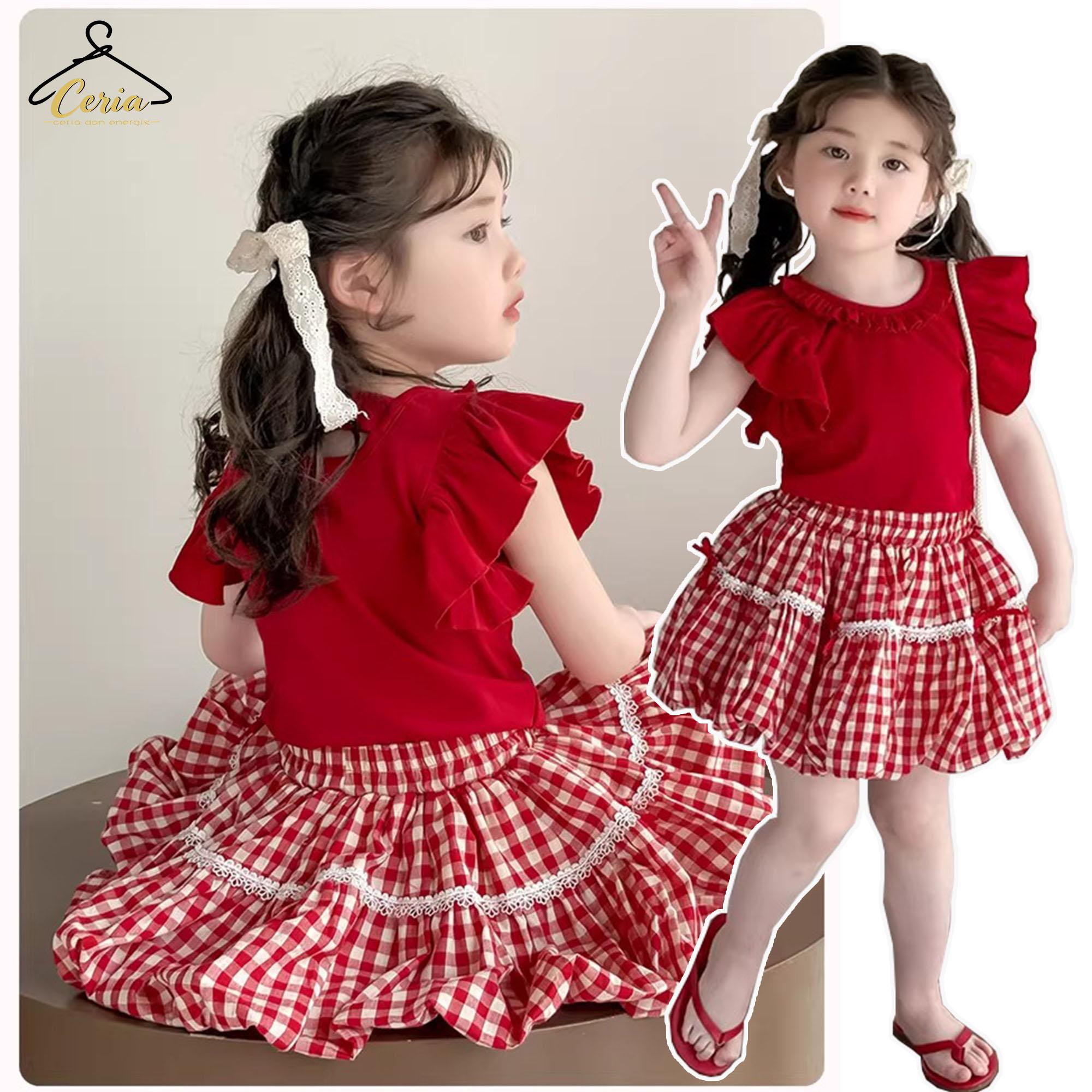 Ceria-Set Rok Angin Dopamin Anak Perempuan / Set Anak Perempuan Kotak-kotak Merah / Atasan Lengan Rumbai dan Rok Mengembang Dua Potong