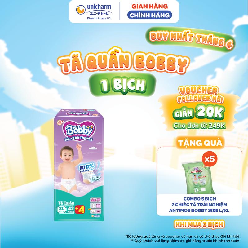 [TẶNG KÈM 4 MIẾNG ]Tã quần Bobby Siêu Khô Thoáng size M 56+4/ L 48+4/XL 42+4/XXL 38+4/XXXL 29+7