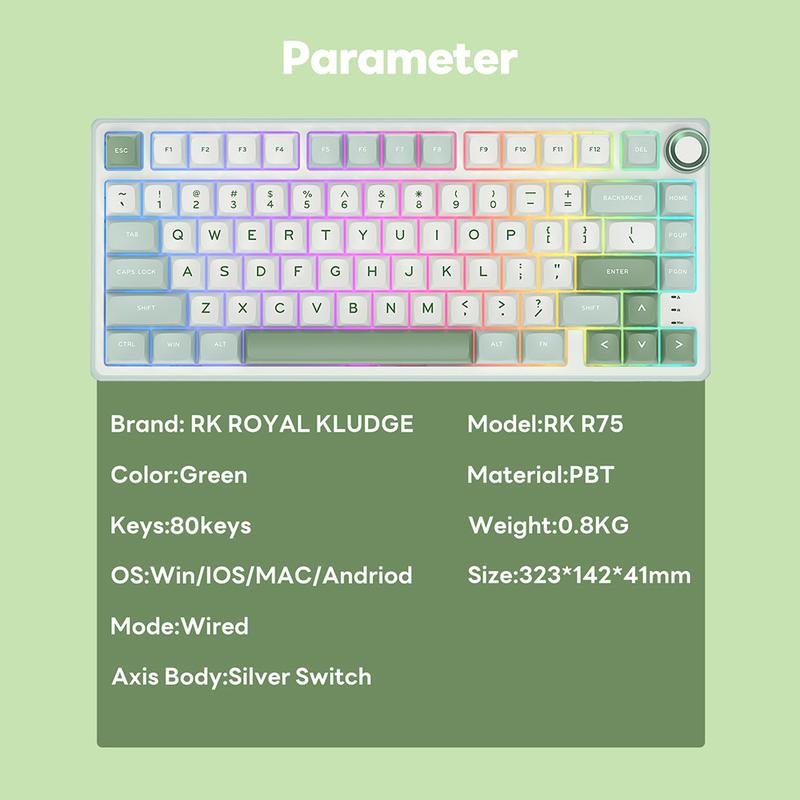 Product Introduction of RK ROYAL KLUDGE R75 Mechanical Keyboard Wired with Volume Knob, r75% TKL Custom Gaming Keyboard Gasket Mount RGB Backlit with Software, Hot Swappable Silver Switch, PBT Keycaps 11