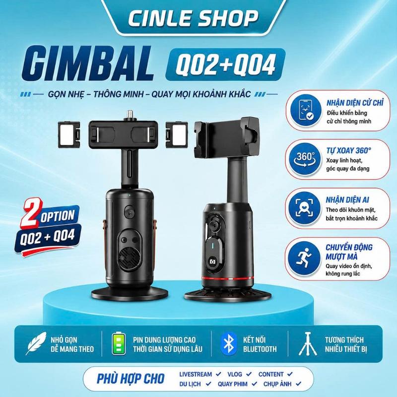 TOP Gimbal Q02 + Q04 AI tự xoay 360° nhận diện khuôn mặt & cử chỉ, phù hợp phát…