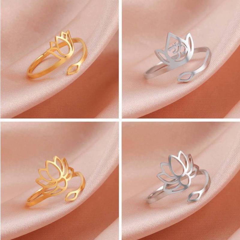 Fashion Hollow Lotus Stainless Steel Open Ring Personalized Adjustable Flower Jewelry Gift For Women