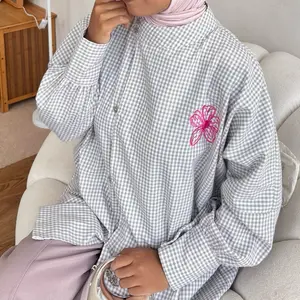 BIGIMO - Blouse Janggan Bordir - Atasan Casual Stripe Garis Wanita - Blouse Wanita dengan Desain Bordir Unik