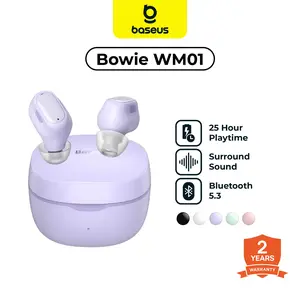 Baseus Encok WM01 TWS Earphones | True Wireless Bluetooth Earphones | Mini Earbuds with Eartips | 25 Jam Play Time | 5 Warna : Black, White, Purple, Pink, Green | Garansi 2 Tahun